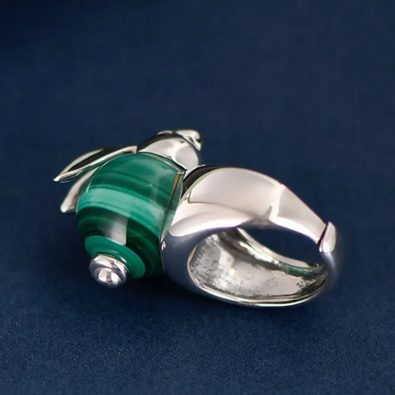Genuine s925 sterling silver for Women New fashion personality malachite cute little rabbit ethnic style wide rings jewelry