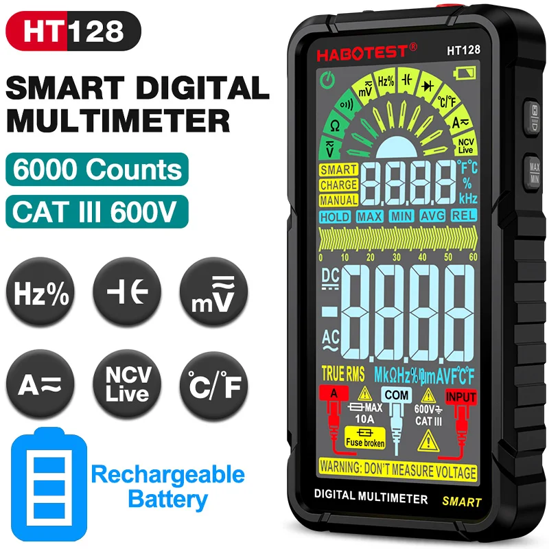 

HT128 Rechargeable Smart Digital Multimeter 6000 Counts 600V 10A Digital DC/AC Current Voltage Capacitor Ohm Diode NCV Hz Tester