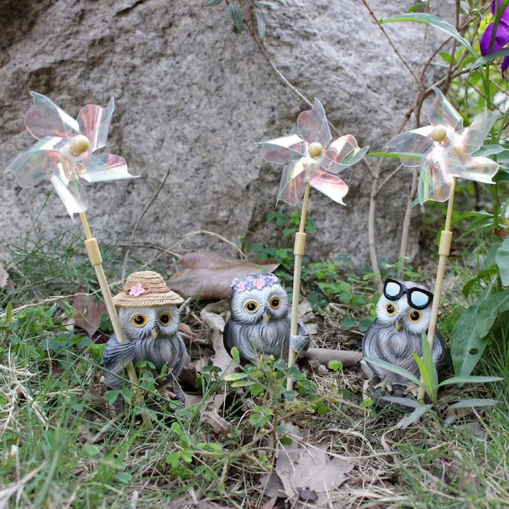 

Sunlight Resistant Owl Statue Mini Owl Model Figurine with Pinwheel for Garden Decoration Resin Ornament for Flower for Pastoral