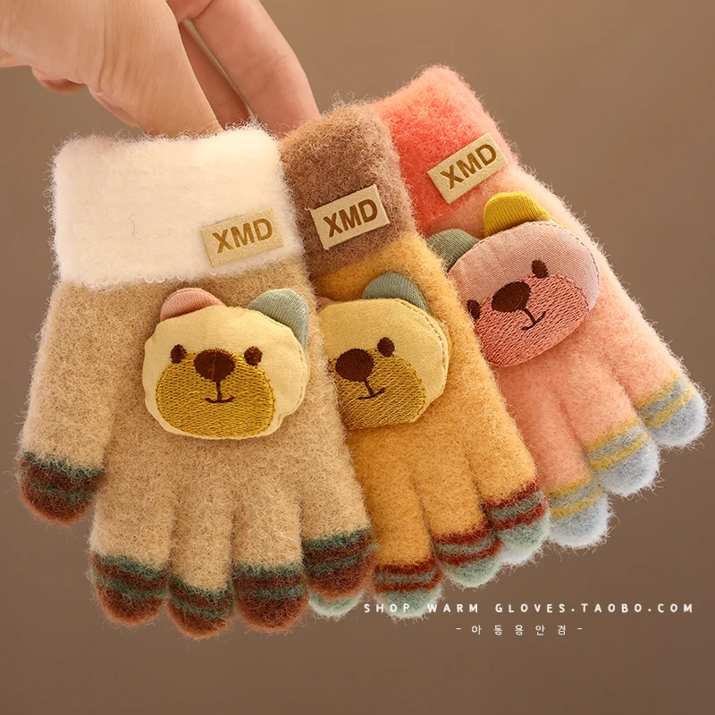 Boys Girls Winter Knitting Bowknot Bear Plush Soft Five Finger Gloves Children Outdoor Warm Gloves Kids Colors