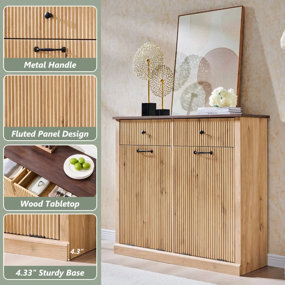 Modern Double Tilt-Out Trash Cabinet, 20 Gallon Fluted Laundry Hamper Cabinet with 2 Drawers, Wooden Hidden Garbage Can Cabinet 5