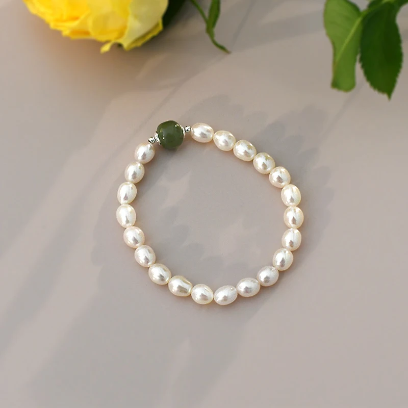 ASHIQI Natural Nephrite Freshwater Pearl 925 Sterling Silver Elastic Rope Bracelet Fashion Jewelry for Women