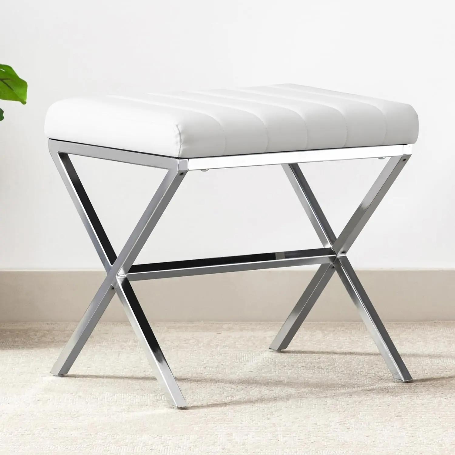 Vanity Stool,Modern PU Leather Ottoman Stool Chair for Vanity Bench with Metal X Legs, Rectangle Makeup Stools Padded Foot Rest