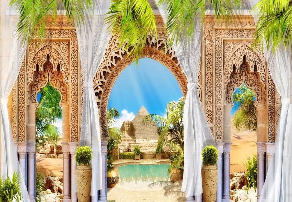 Beautiful Egypt Fresco Backdrop Desert Pyramid Sphinx Arabic Style Garden Arch Door with Curtains Tropical Leaves Background