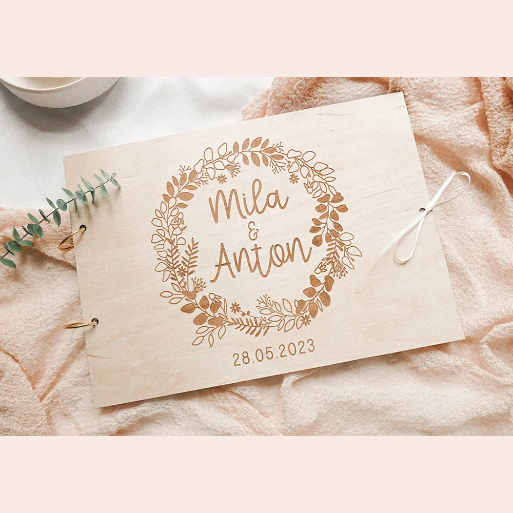 Personalized Wood Guestbook Name and Date, Elegant Sign in Message Book, Memory Book Rustic Wedding Decoration 100 Pages