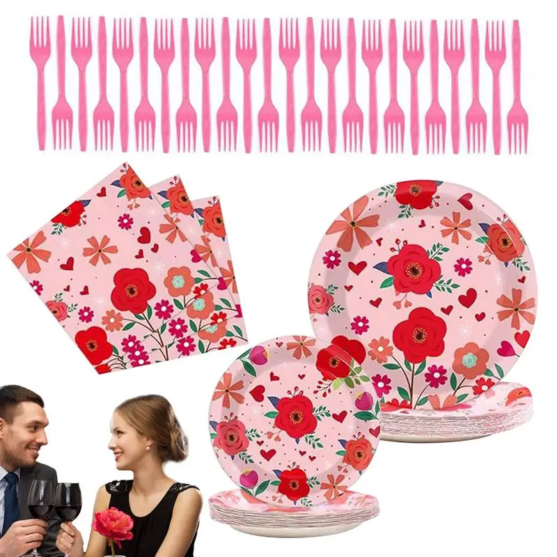 

96 Pieces Valentine's Day Tableware Set Pink Flower Party Supplies Tableware Set Color Printing Waterproof Birthday Plates