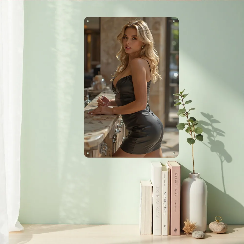 빈티지 섹시한 금발 여성 검정 가죽 미니 드레스를 입은 바 카운터 레트로 금속 틴 사인, 소박한 대리석 주방 카운터 모델 벽 장식