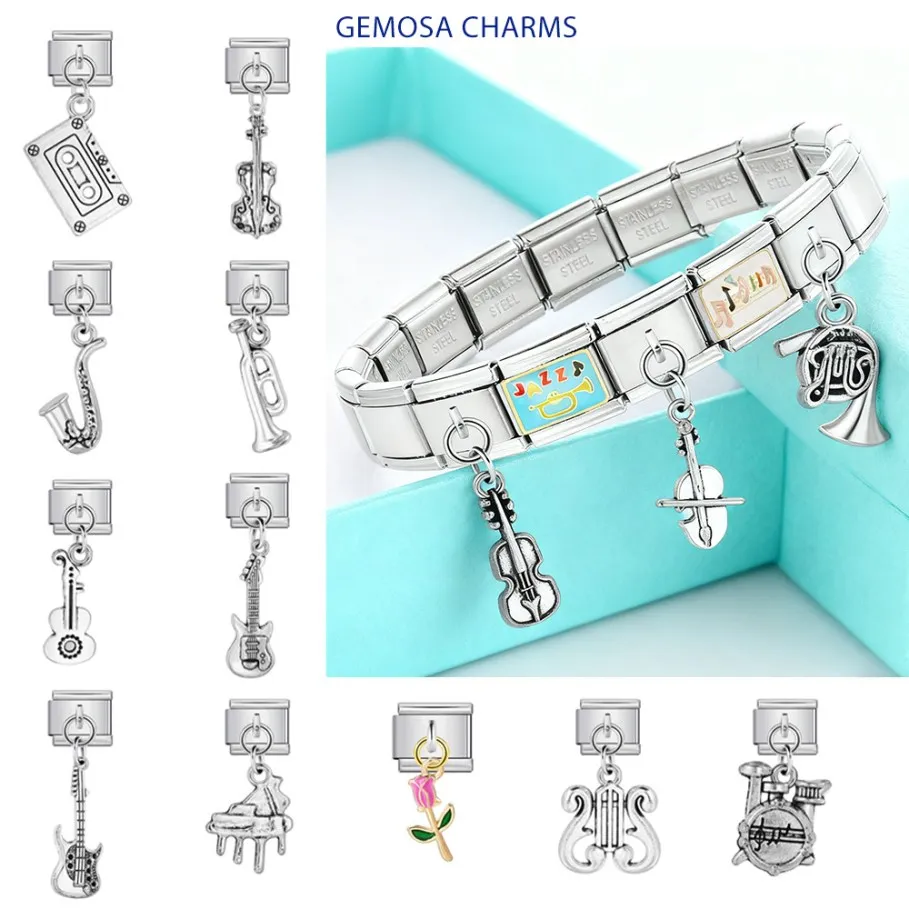 GEMOSA Silber Farbe Musikinstrument Serie Italienischer Charm Anhänger Link fit 9mm Edelstahl Herstellung DIY Armband Schmuck