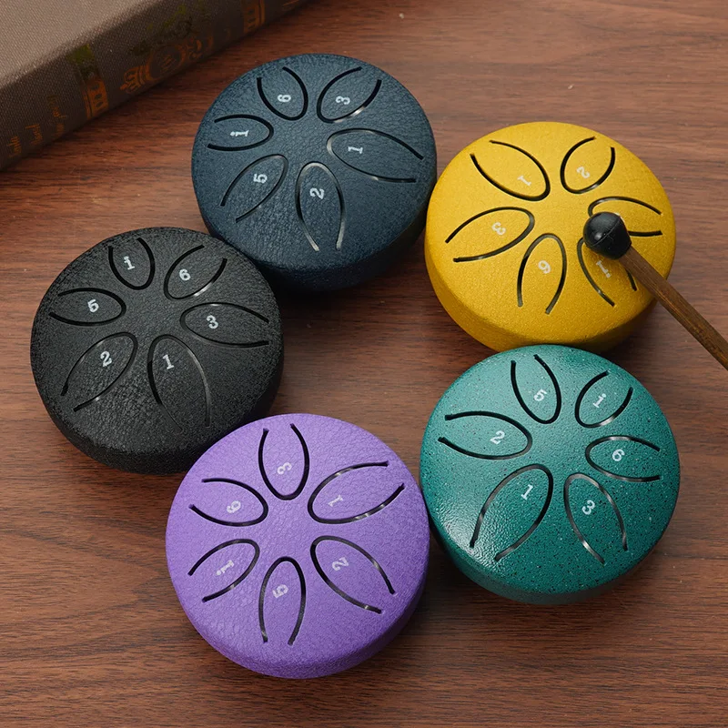 3 Inches 6 Tones Steel Tongue Drum Mini Metal Hollow Outdoors Rain Drum Instrument Hand Ethereal Sticks Percussion Drums