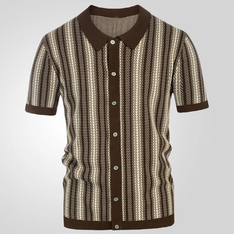 Vintage Striped Crochet Knitted Shirts Mens Spring Summer Casual Short Sleeve Buttoned Lapel Knit Tops For Men Trendy Cardigans 6