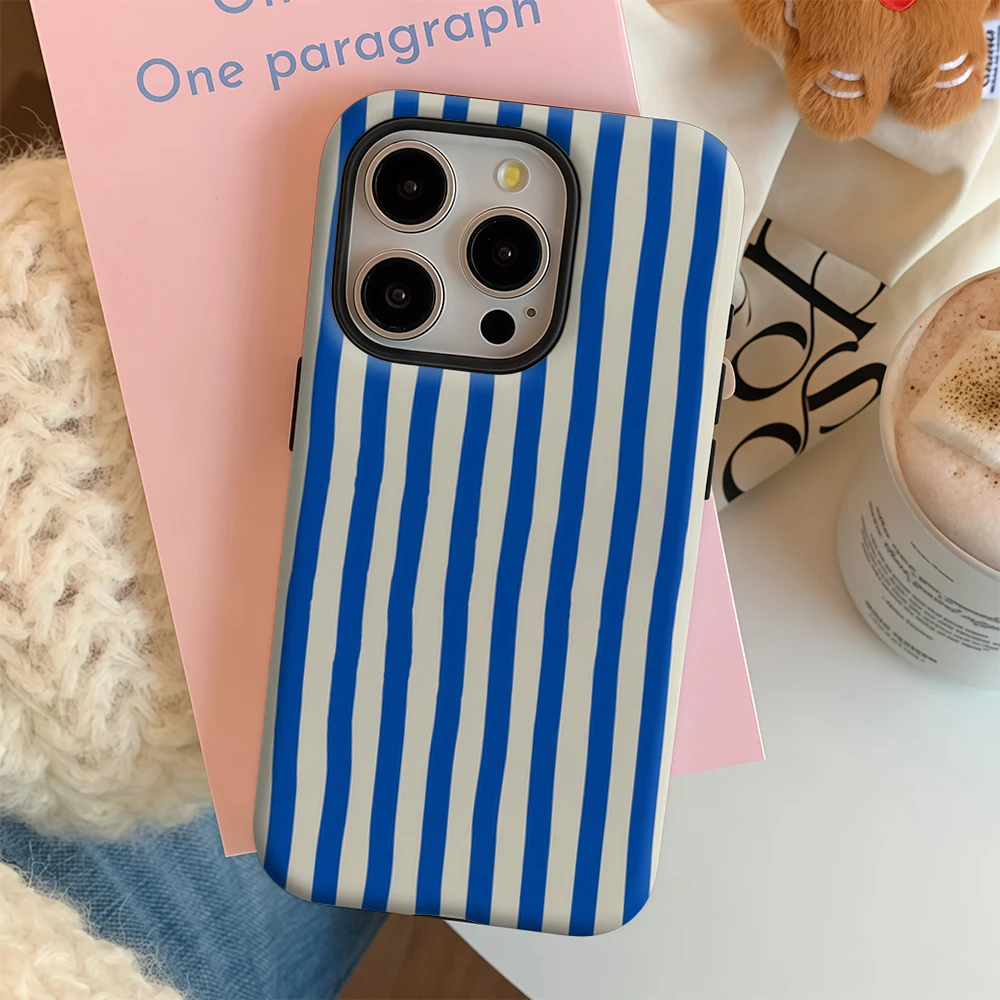 Luxury Double-Layer Back Cover with Nautical Blue & Cream Stripes