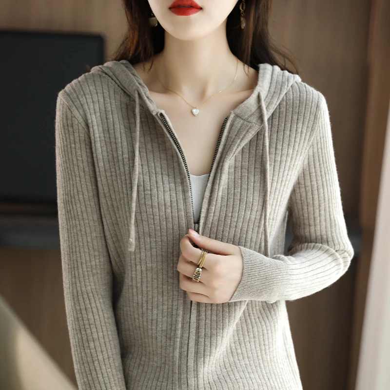 가을 겨울 후드 니트 가디건 스웨터, 여성 스웨터, 넉넉한 캐주얼, 단색, 조커 울, 보터밍 후디
