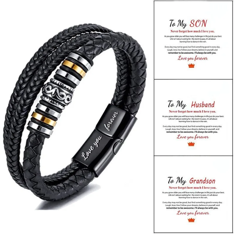 Fashionable Men Black Double Row Multi-Layer Woven Leather Rope Magnetic Buckle Bracelet Boys Teenagers Versatile Creative Gift