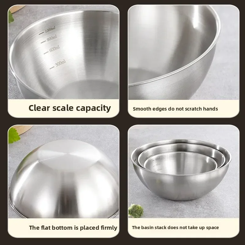 1pcs Stainless Steel Bowl with Scale Cooking Baking Food Storage multipurpose Large Capacity Mixing Bowls for Home Kitchen