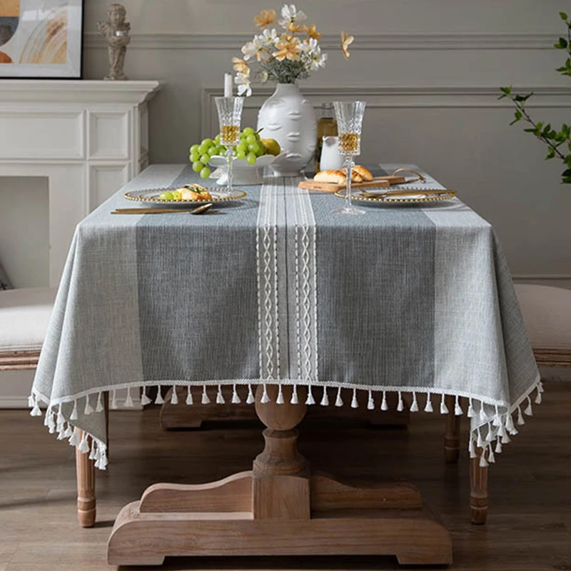 

Hollow Fringe Tablecloth Coffee Table Mat Cloth Round Long Striped Jacquard Cotton and Linen Rectangle Table Cover