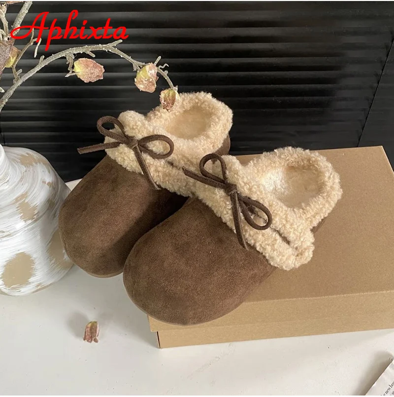 Aphixta Fashion Upper Bowknot 3cm Flat With Half Slippers Women Leopard Platform Warm Cotton Round Toe Slip On Lady Shoes