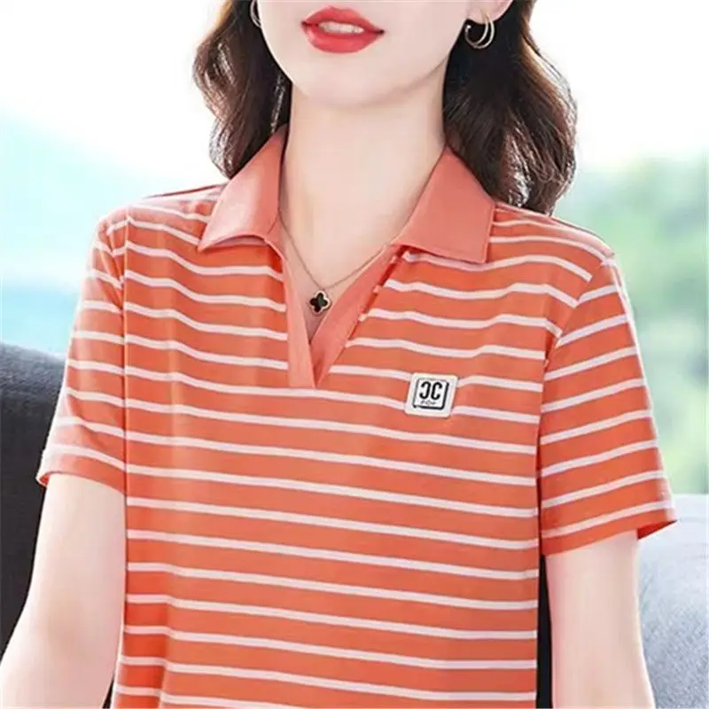 

Short Sleeve T-shirt Women's Summer Loose Polo Large Slim Striped Polo Collar Patchwork Embroidery Casual Fashion Tops