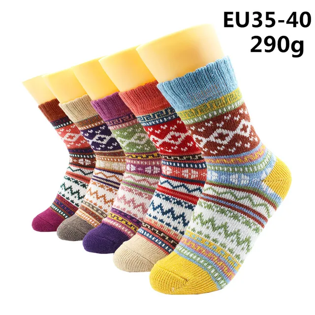 5 Pairs Winter Warmer Women Thicken Thermal Wool Cashmere Snow Socks Fashion Casual Euramerican National Wool Socks for Women 5 Pairs -YM008