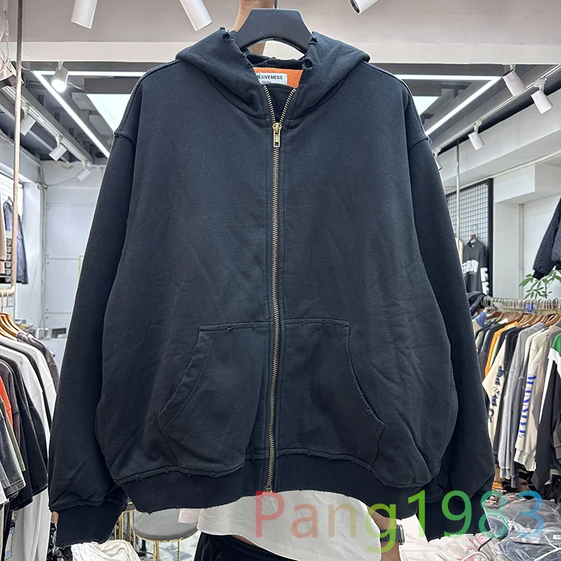 

2023fw Vintage Washed Worn Out Zipper Hoodie Coat Men Women Hip Hop Plush Hooded Sweatshirt Solid Color Tops