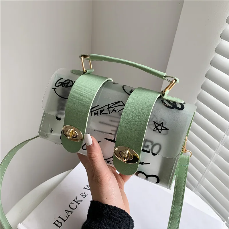 

2022 New Women Shoulder Bag PVC Transparent Graffiti Messenger Female Bag Small Designer Handbag Purse Crossbody Bags for Women