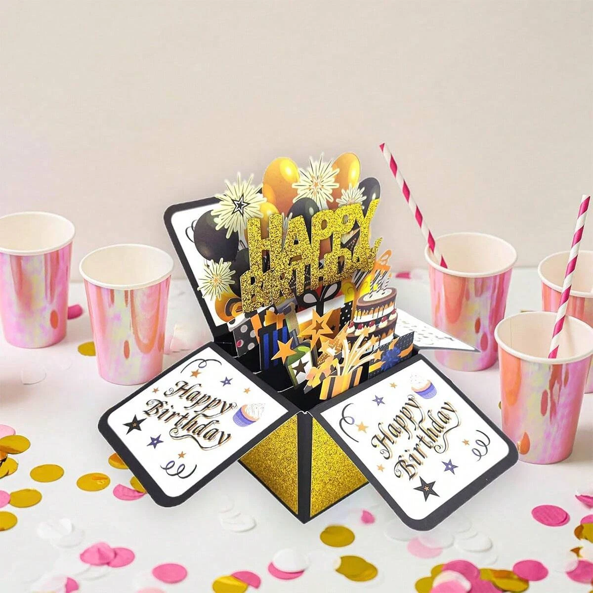 Happy Birthday Card Black and Gold 3D PopUp Greeting Cards Gift for Kids Wife Husband Birthday Gift Festive Party Supplies