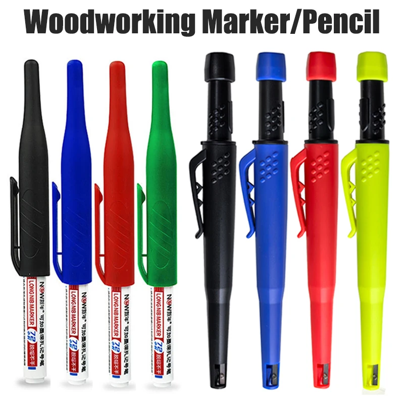 Mechanical Pencil 32mm Long Headed Deep Hole Marking Pen Set with Woodworking Mechanical Pencil Can Be Repeatedly Filled Non Dry Ink Waterproof