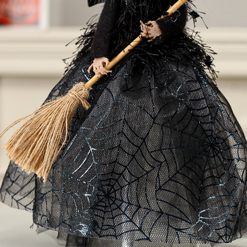 Halloween Broom Witch Doll Haunted House Doll Ornaments Black Spider Web Dress Witch Halloween Ghost Festival Decorate Props