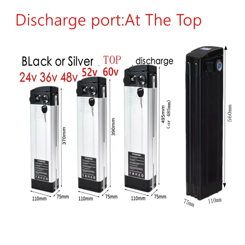 

24V 36V 48V 52v 60v electric bike battery case Silver Black Fish Aluminum housing Bottom discharg porte