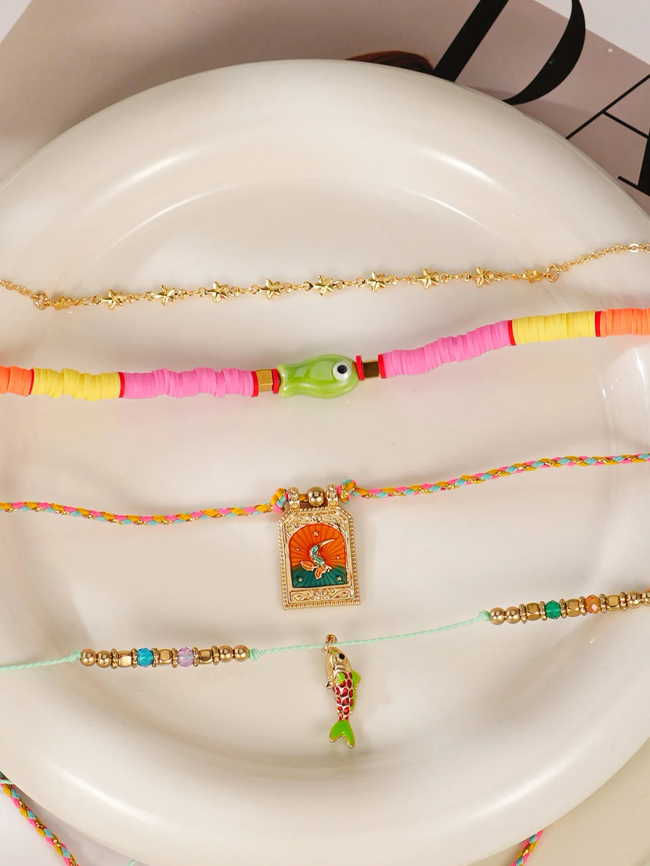 4pcs Bohemian Fish Dopamine Soft Ceramic Beads Adjustable Braided Rope Stacked Necklace Women Beach Vacation Commuting 4