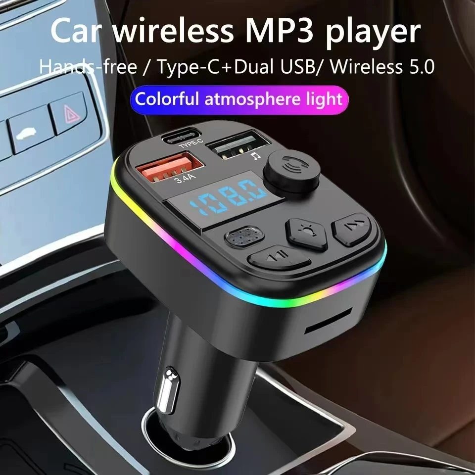 Car Charger FM Transmitter Support TF Card U Disk Car MP3 Player Dual USB Type C Cell Phone Charging Hands Free Wireless Kit