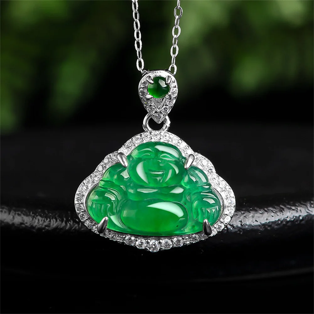 

925 Silver Natural Green Jadeite Carved Buddha Lucky Pendant S925 Amulet Chain Necklace Certificate Luxury Jade Vintage Jewelry