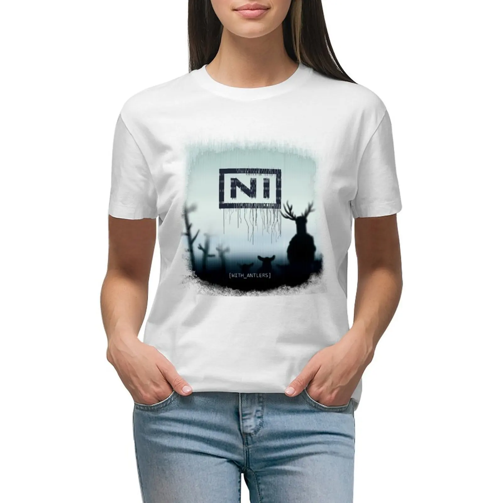 

NI Knights with antlers album cover parody music lovers humor T-shirt cute clothes lady clothes cute tops Women's cotton t-shirt