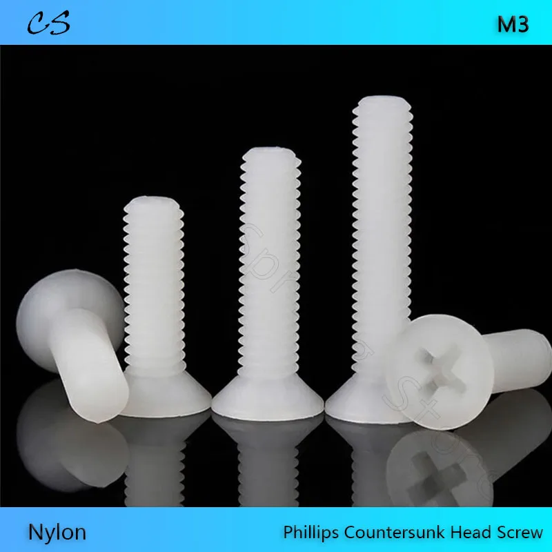 

M3 Phillips Countersunk Head Screw Nylon PA66 Flat Machine Screws Plastic Insulation Anti-rust Bolt Length 6 8 10 12 15 18 20mm
