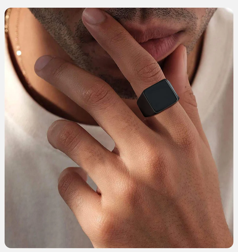 Vnox 14 mm Siegelring mit quadratischem Oberteil für Männer und Jungen, schwarzer Edelstahl mit Emaille-Oberstempel-Fingerband, schlichter Punk-Ring für Männer – Detail 4