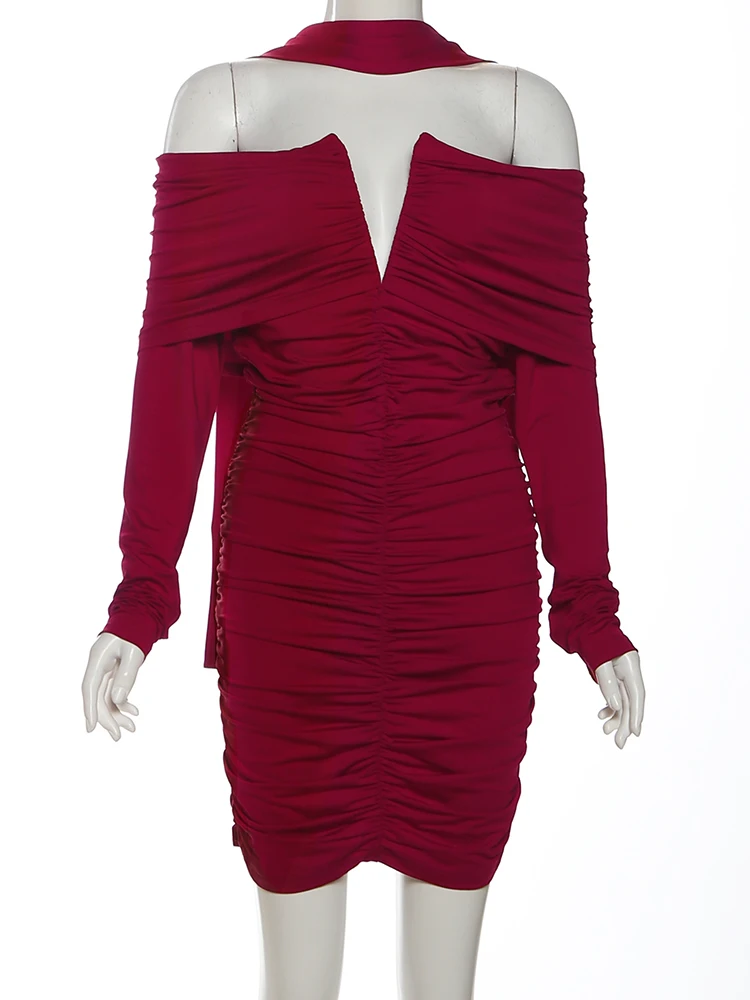 Nibber Long Scarf+Off-Shoulder Dress Women Long Sleeve Folds v-Neck Peach Butt Skinny High Elasticity Party Hipster Mini Bodycon