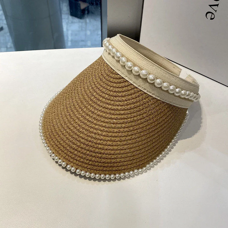 Été vide haut Suncap large bord perles femmes décontracté paille Protection UV pare-soleil chapeau casquette de plage kaki noir blanc_voghion.com