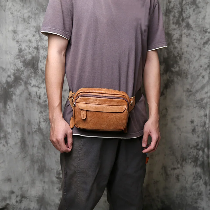 NZPJ Retro Genuine Leather Men's Shoulder Bag Casual Top Layer Cowhide Crossbody Bag Large Capacity  Men's Waist Bag