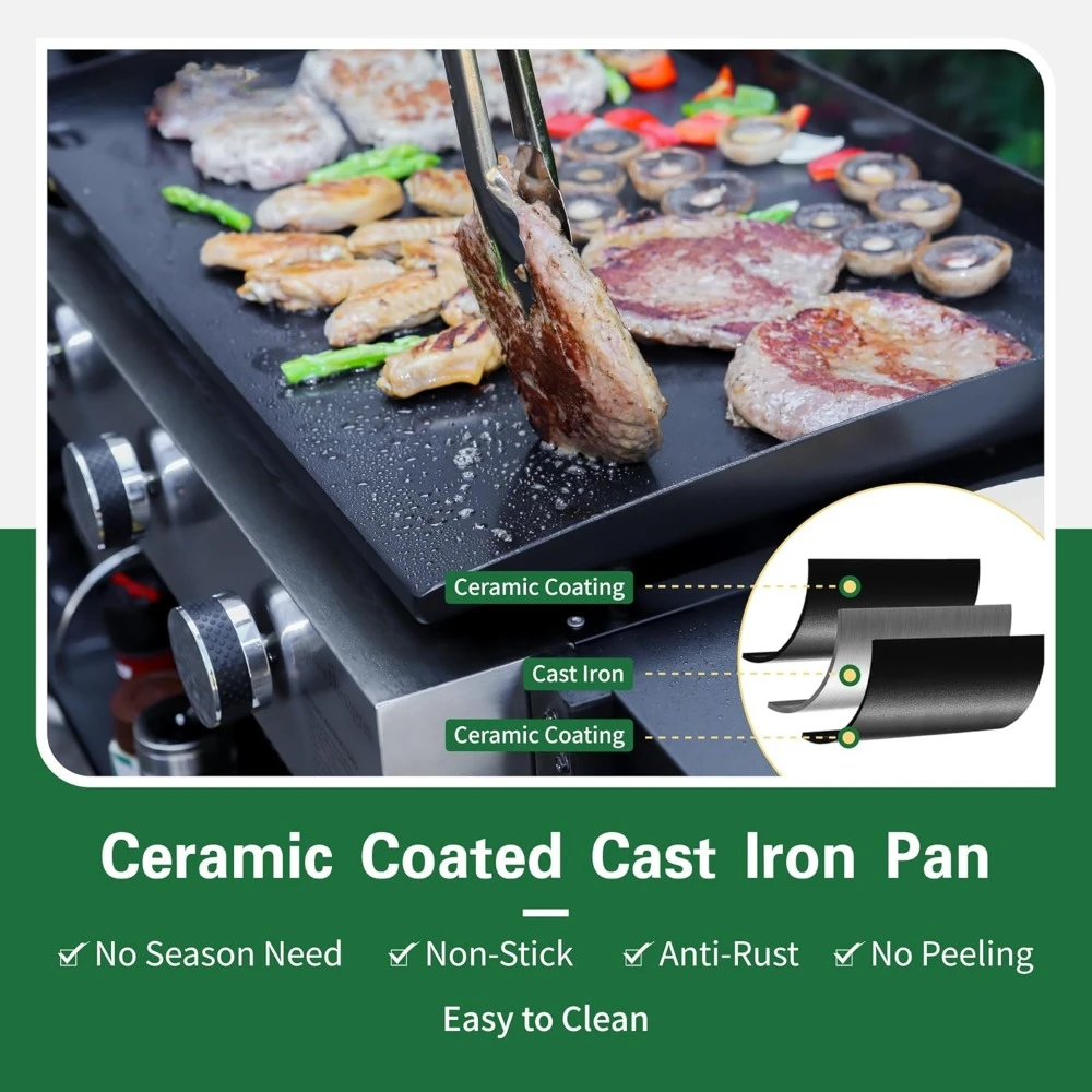 Flat Top Griddle Grill with Ceramic Coated Cast Iron Pan, Burner Propane Gas Griddle Grill,Flattop Grills for Outdoor Barbecue 2