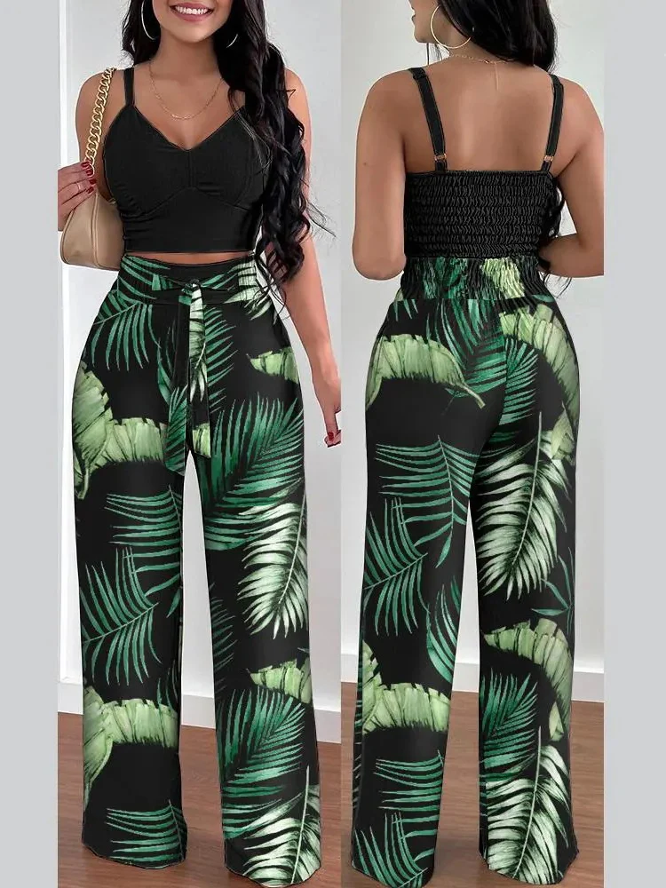Women Summer Print Halter V-Neck Backless Tank Suit Tops Long