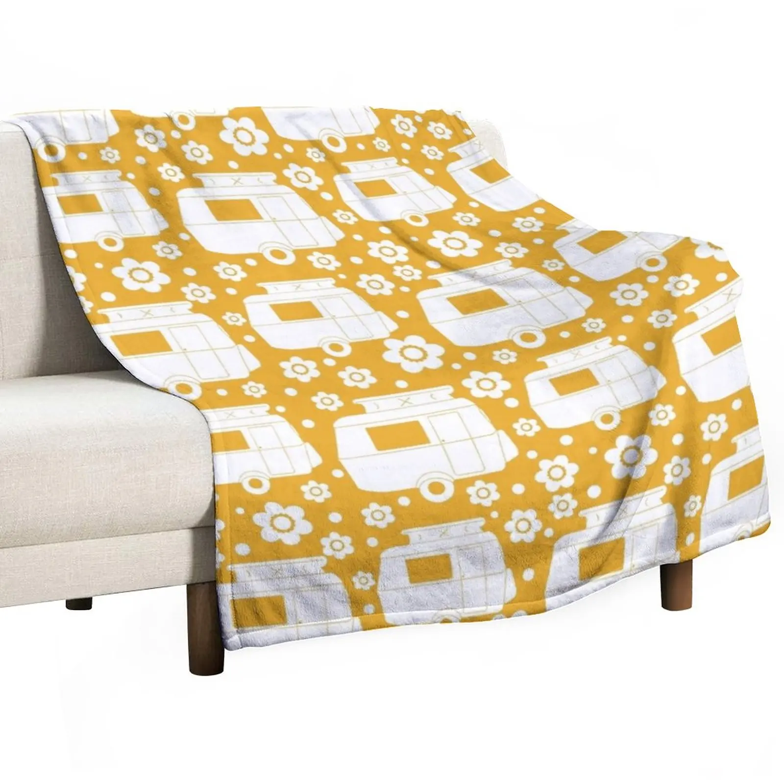 

Daisy Polka Dot Vintage Caravan Pattern in Mustard Yellow and White Throw Blanket Sofa Blankets sofa bed