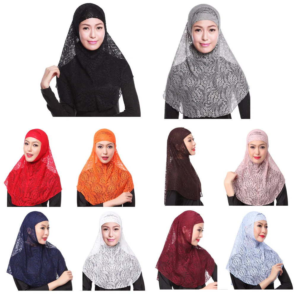 

Muslim Arab Women Solid Color Lace Two-Pieces Inner Scarf Outer Hijabs Shawl Ethnic Turban Islamic Lady Nun Sister Headwear