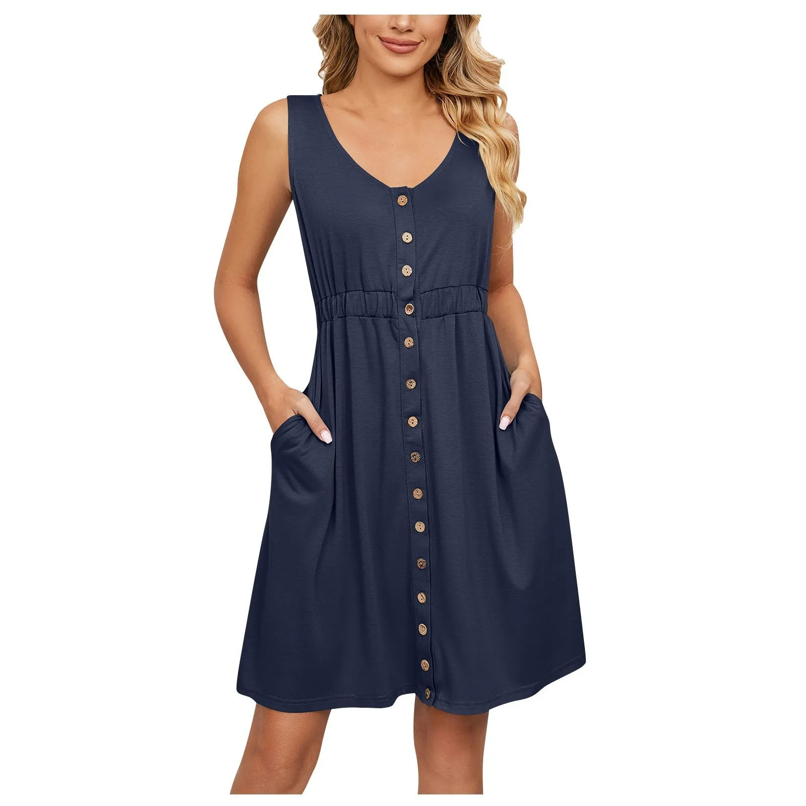 

Casual Sexy Solid Sleeveless Button Pocket Round Neck Waist Closing Dress vestido feminino vestidos para mujer платье женское