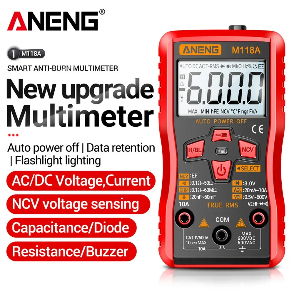 Aneng M118A Mini Multimetro Digitale Tester 6000 Conta Auto Mmultimetro True Rms Tranistor Meter Con Torcia Ncv Data Hold