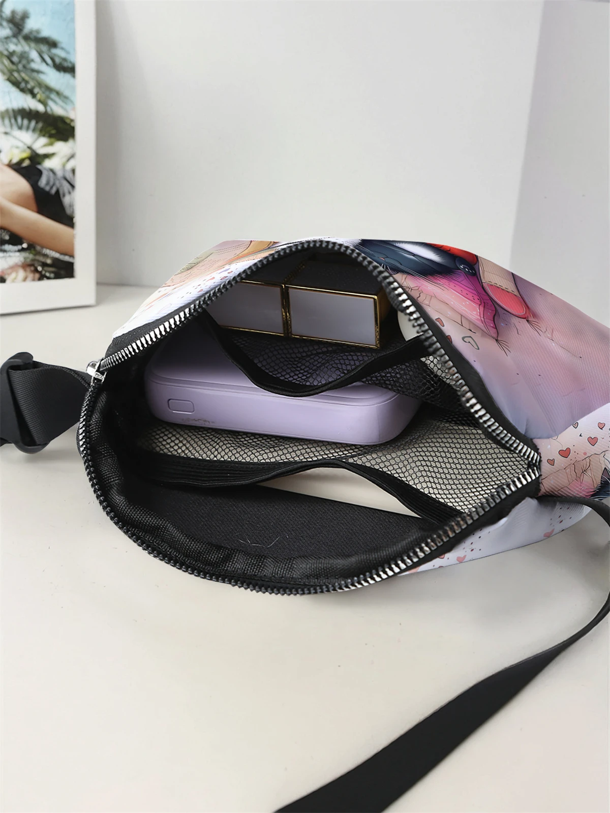 1-piece set, stylish and adjustable cat pattern crossbody bag, neutral sports waist bag, suitable for running