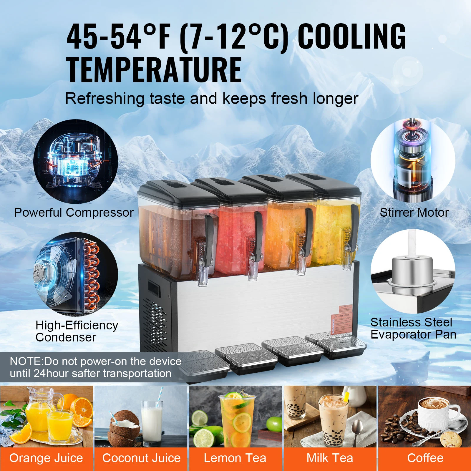 SucceBuy Commercial Beverage Dispenser 4 Tanks 10L/12L Per Tank Juice Dispenser Stainless Steel Ice Tea Drink Machine