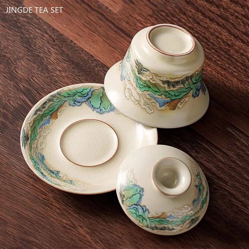 100ml Retro Blue and White Porcelain Gaiwan Chinese Ceramic Tea Bowl Home Tea Infuser Handmade Underglaze Color Tea Set Teacup