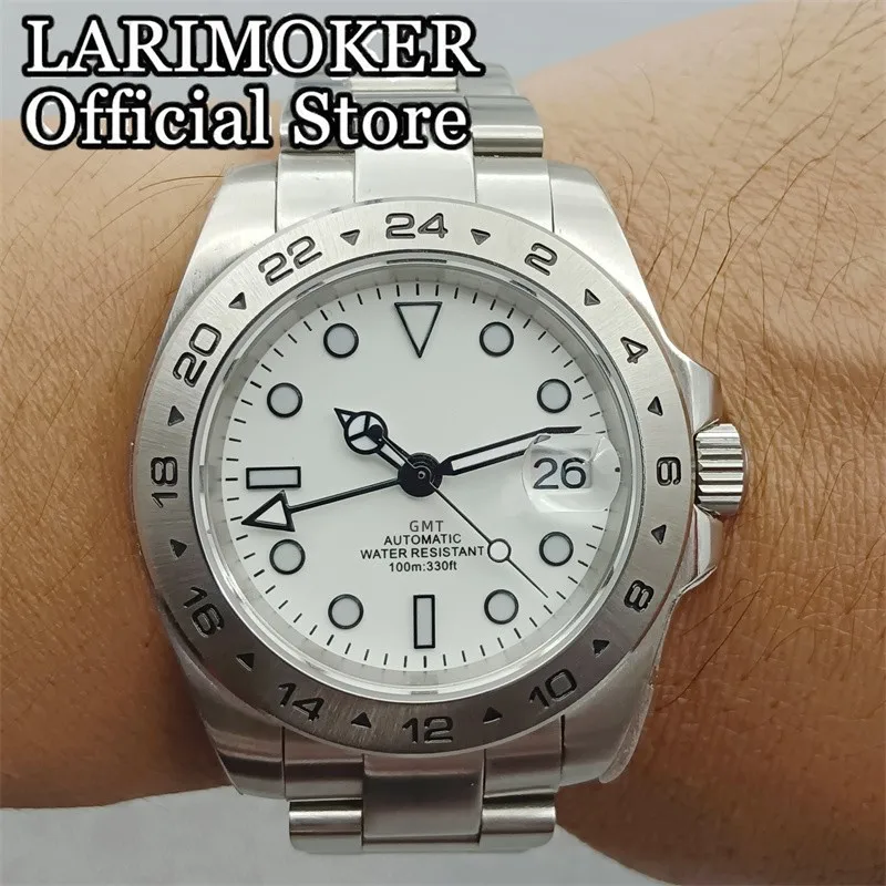 

LARIMOKER luxurious 40mm white Dial GMT Sapphire Glass Luminous Dial Japan NH34A GMT Mechanical Automatic Men's Oyster Watch