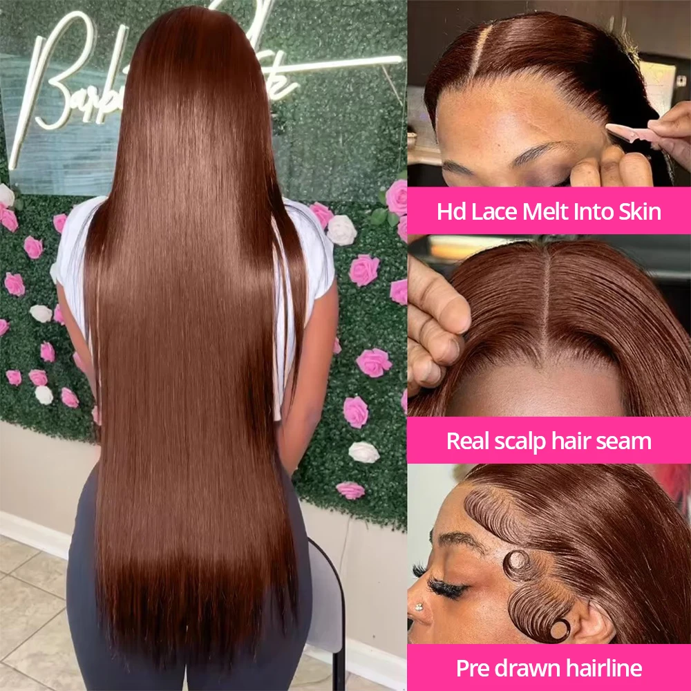 13x6 Schokoladenbraune Lace Frontal Perücke aus Echthaar, 250 Dichte, weiche, glatte, gerade Echthaarperücke, vorgezupft, 4 # Farbige Perücke CEXXY – Detail 9