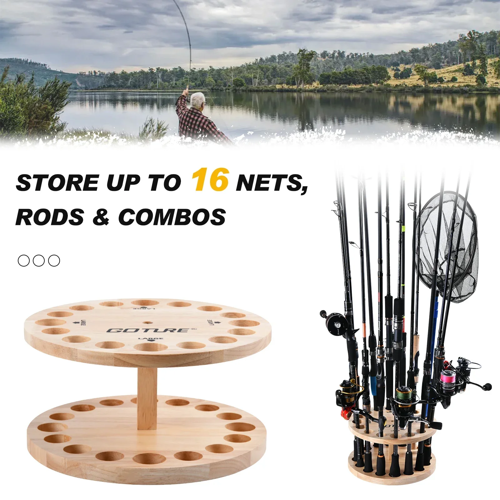  WH5 Horizontal Fishing Rod/Pole Holders For Garage, Wall Or  Ceiling Mounted Fishing Rod Rack, Solid Wood Fishing Rod Holder Holds Up To  5 Rod Or Combos Or Nets Storage Racks