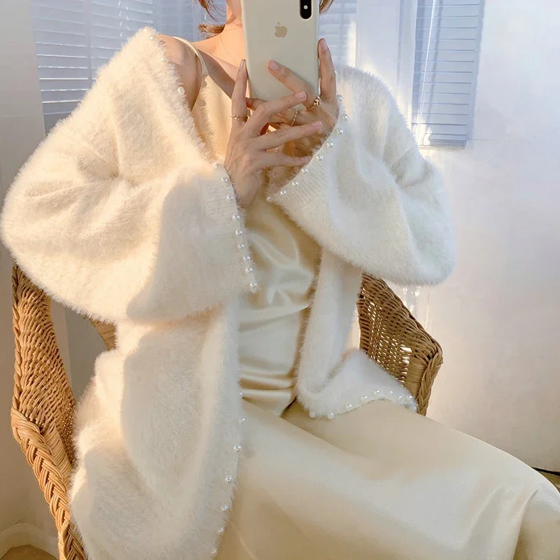 

Mohair White Cardigan 2024 Autumn Long Sleeve Mid-length Women's Plush Knit Long Cardigans Elegant Temperament Sweater Pearl